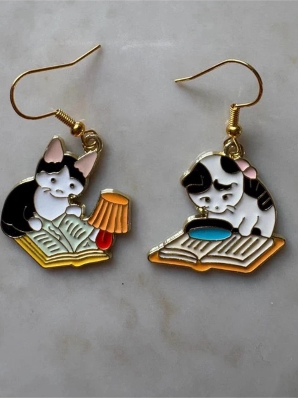 Cat Reading Enamel Earrings - Black & White